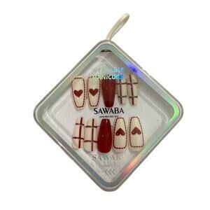 Medium Coffin Red Heart and Plaid Press On Nails​